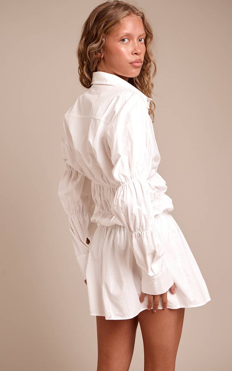 Blanc Robe Chemise Froncée À Manches Longues