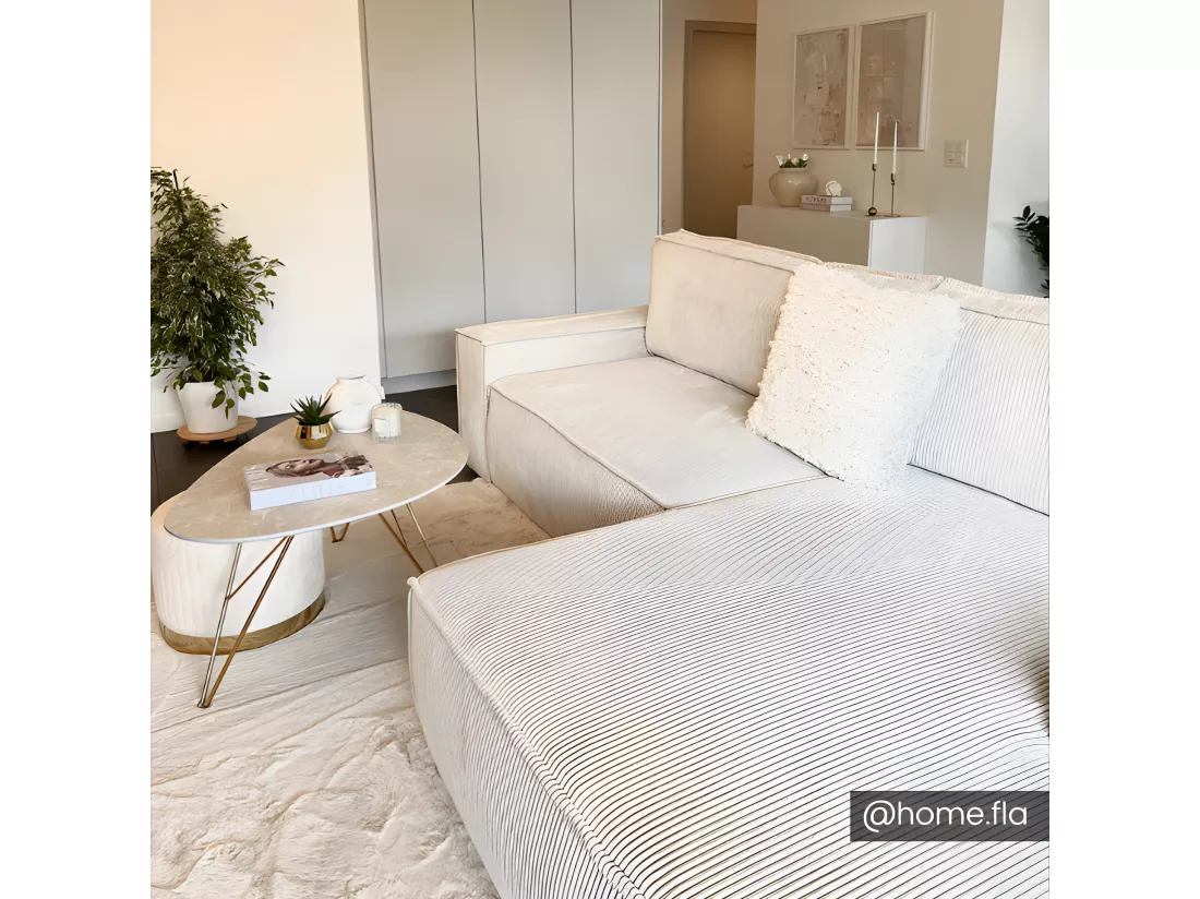Canapé d'angle droit convertible en velours côtelé beige AMELIA