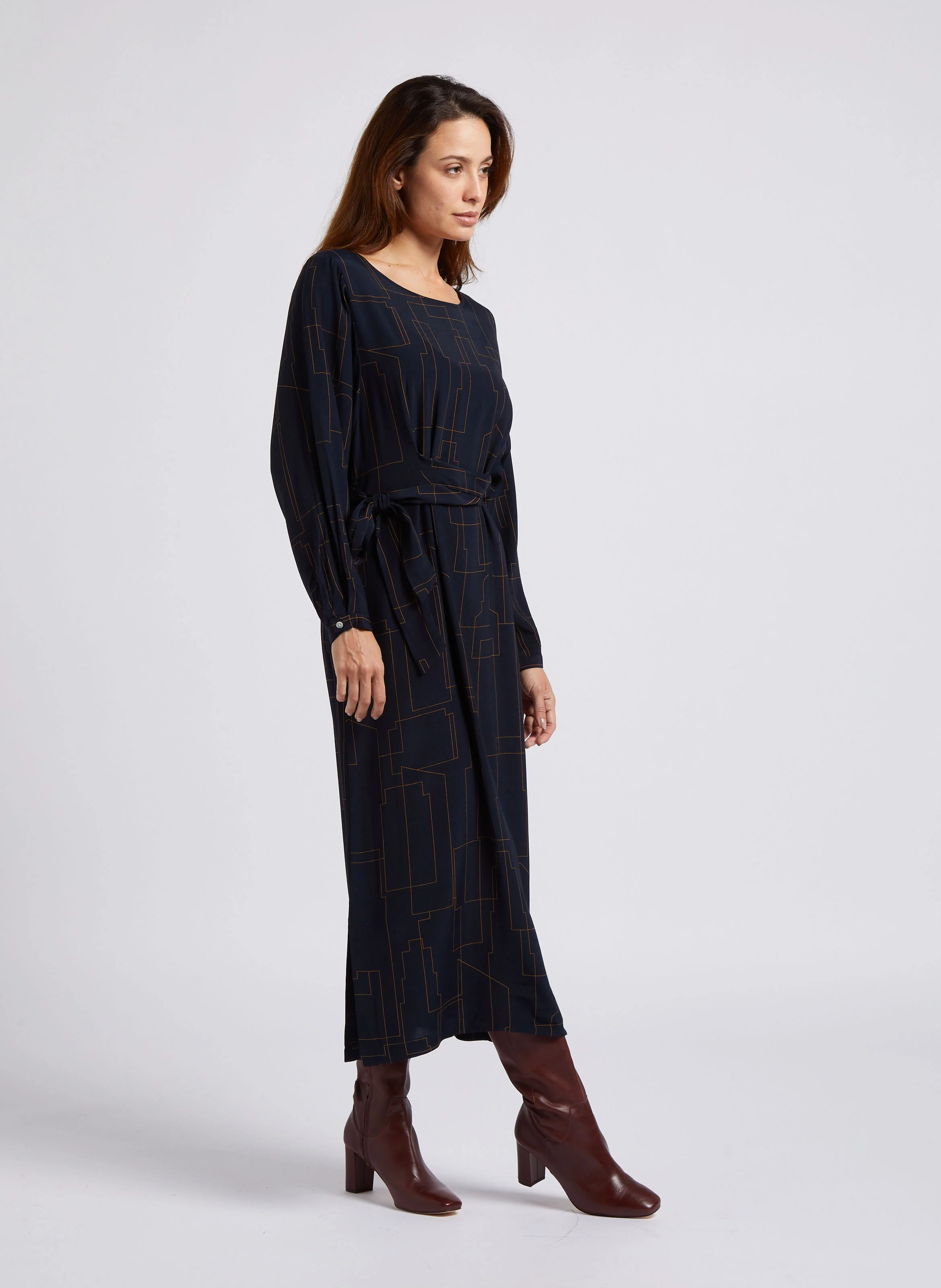 Robe midi col bateau imprimée| Bleu