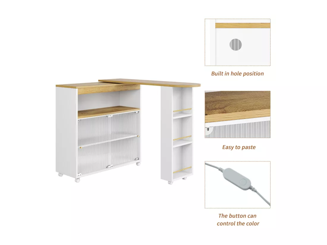 Buffet、Meuble de bar pivotant et escamotable avec LED - compartiments et étagère à épices - Blanc