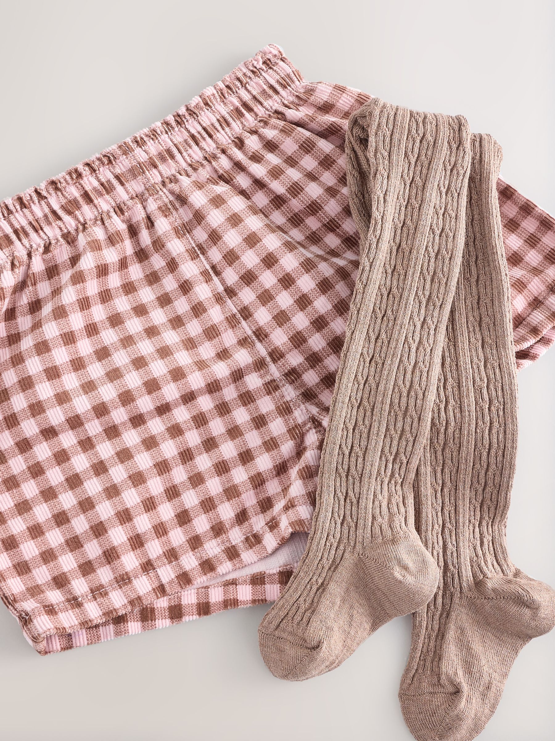 Roze - Geruite corduroy short en panty's set (3mnd -7jr)