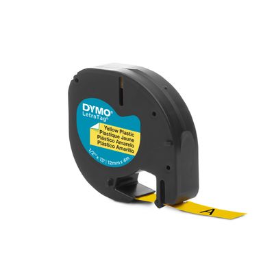 Dymo LetraTAG - Ruban d'étiquettes plastique auto-adhésives - 1 rouleau (12 mm x 4 m) - fond jaune écriture noire