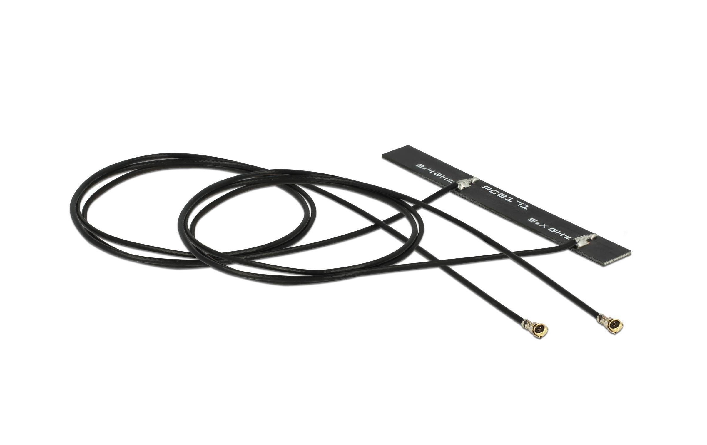 WLAN-Antenne 2 x MHF 4L, 500 mm MHF 4L 5 dBi RundstrahlDelock Dualband WLAN WiFi 6E Doppelantenne 2 x MHF 4L Stecker 3 - 5 dBi 1.13 2 x 50 cm PCB intern Klebemontage