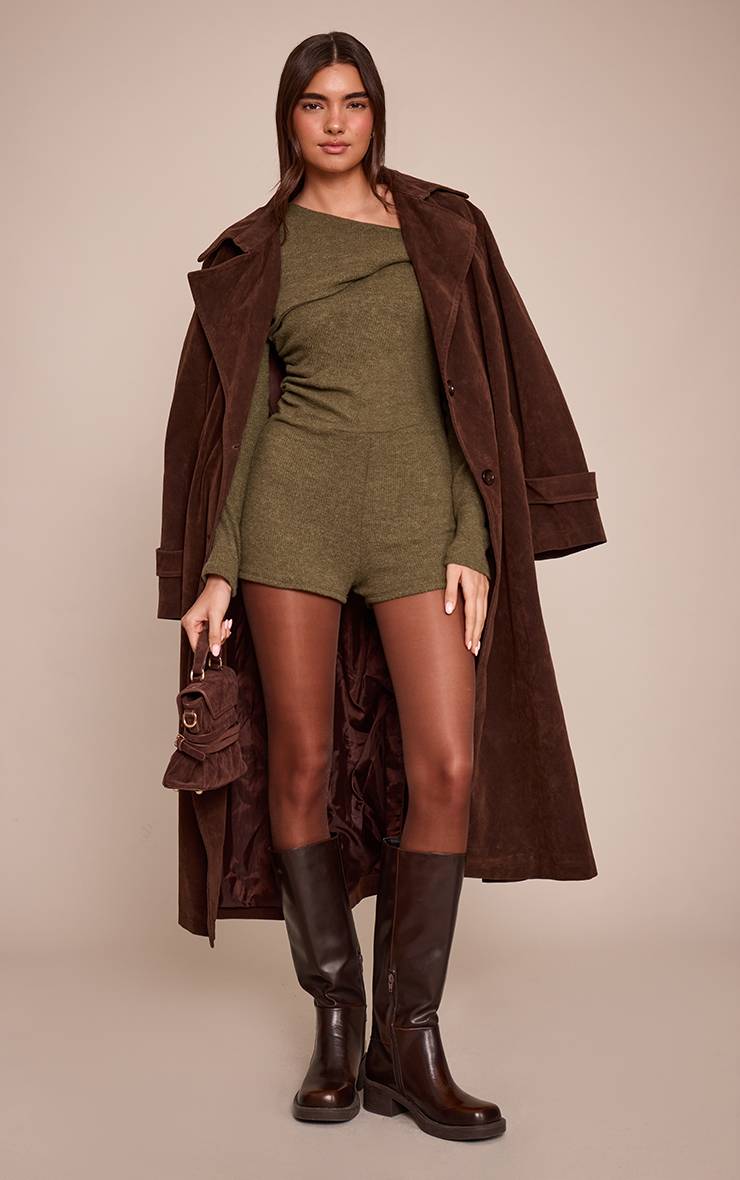 Vert Olive Body Côtelé À Épaules Dénudées Avec Détail Torsadé