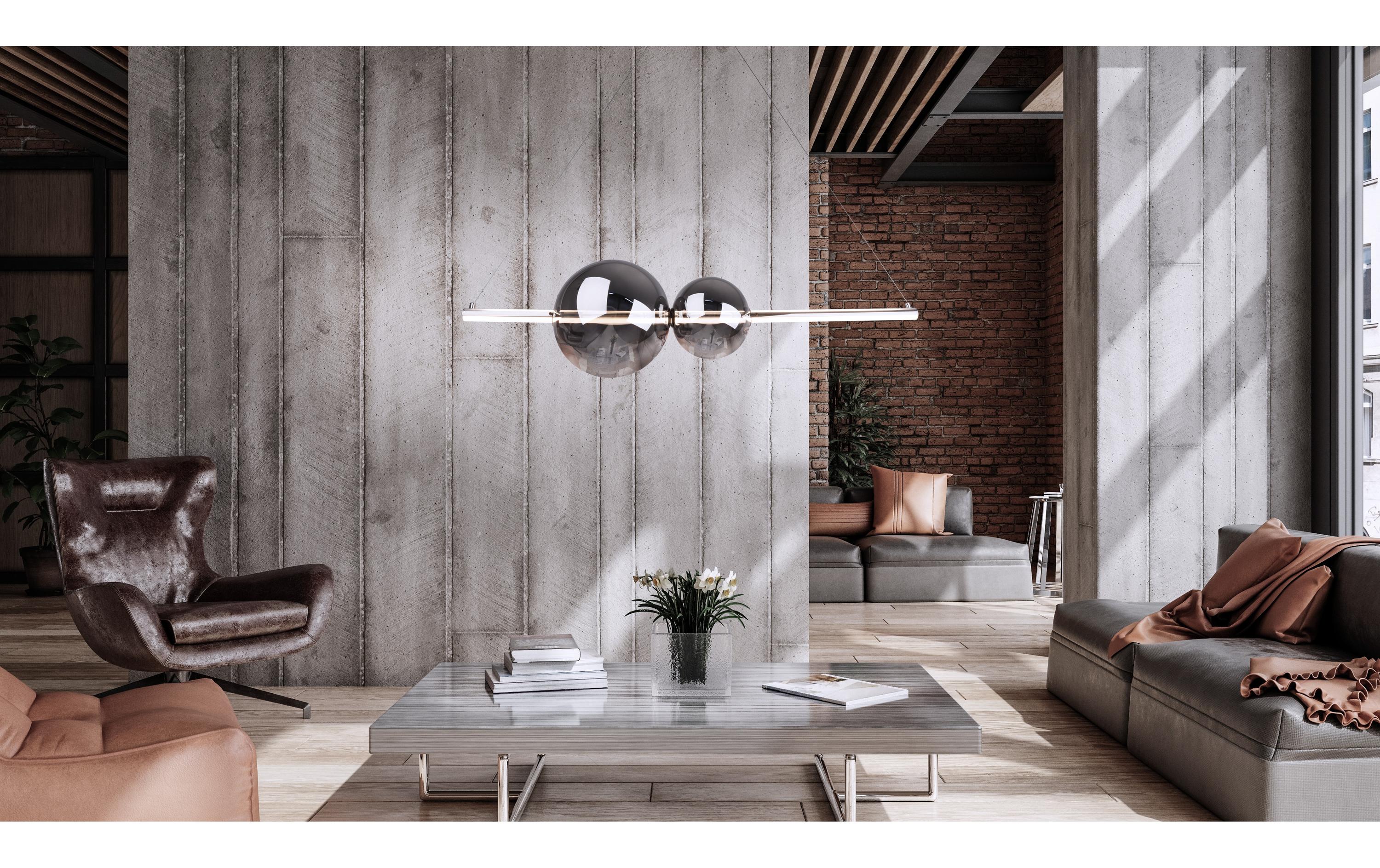 Pendelleuchte LED «NOVA» Chrom 100 cm<br>Dimmbare Hängeleuchte aus Metall und Glas mit zwei Kugel