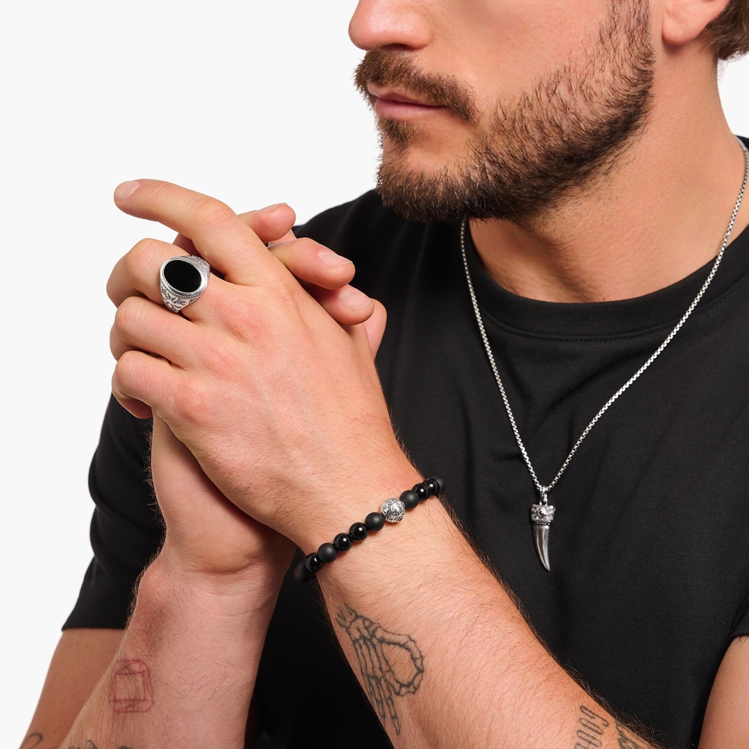 Thomas Sabo Rebel Wolf Beads-Armband aus Obsidian Silber geschwärzt
