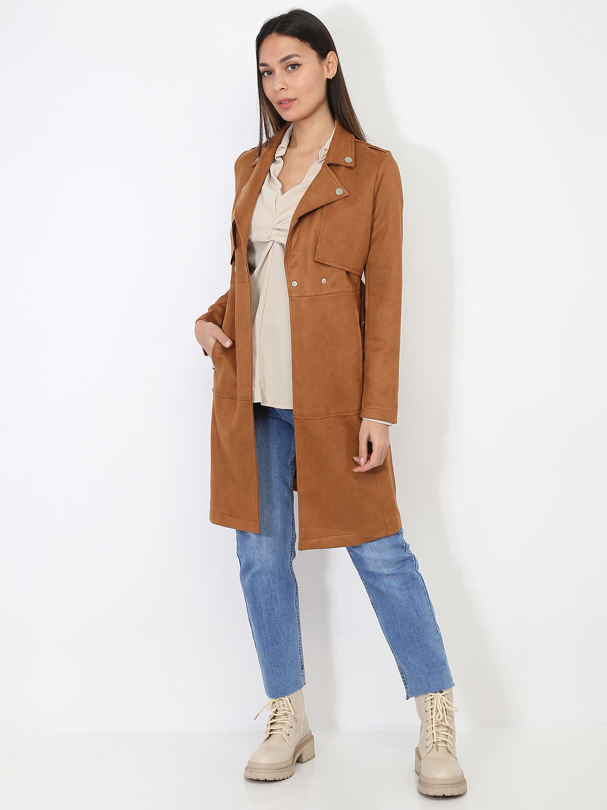 Veste longue ceinturée en suédine- Camel foncé