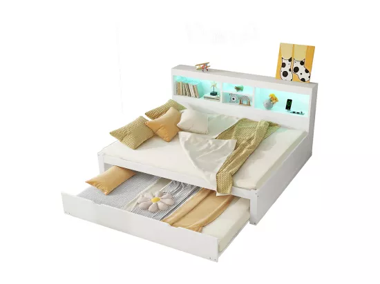 Lit gigogne 140x200 éclairage d'ambiance télécommandé compartiment de rangement côté lit prise+USB Blanc