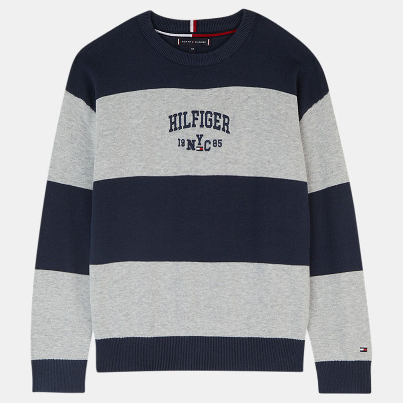 Tommy Hilfiger Pull en Coton broderie signature à rayures bleu/gris
