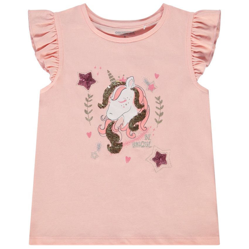 T-shirt manches courtes volantées en jersey print licorne pour fille - Rose