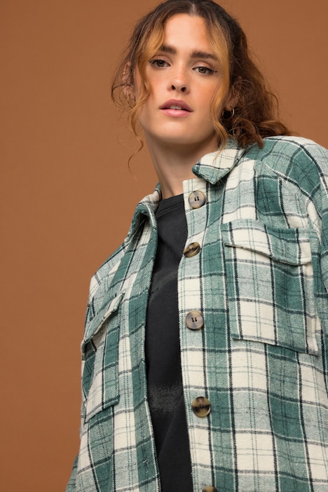 Karo-Flanellhemd, oversized, Hemdkragen, Raglan-Langarm