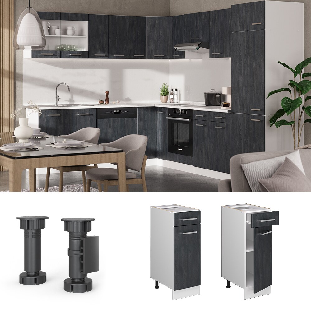 Vicco Schubunterschrank R-Line Schwarz Beton Weiß 30 cm mit Arbeitsplatte Weiß-Marmor