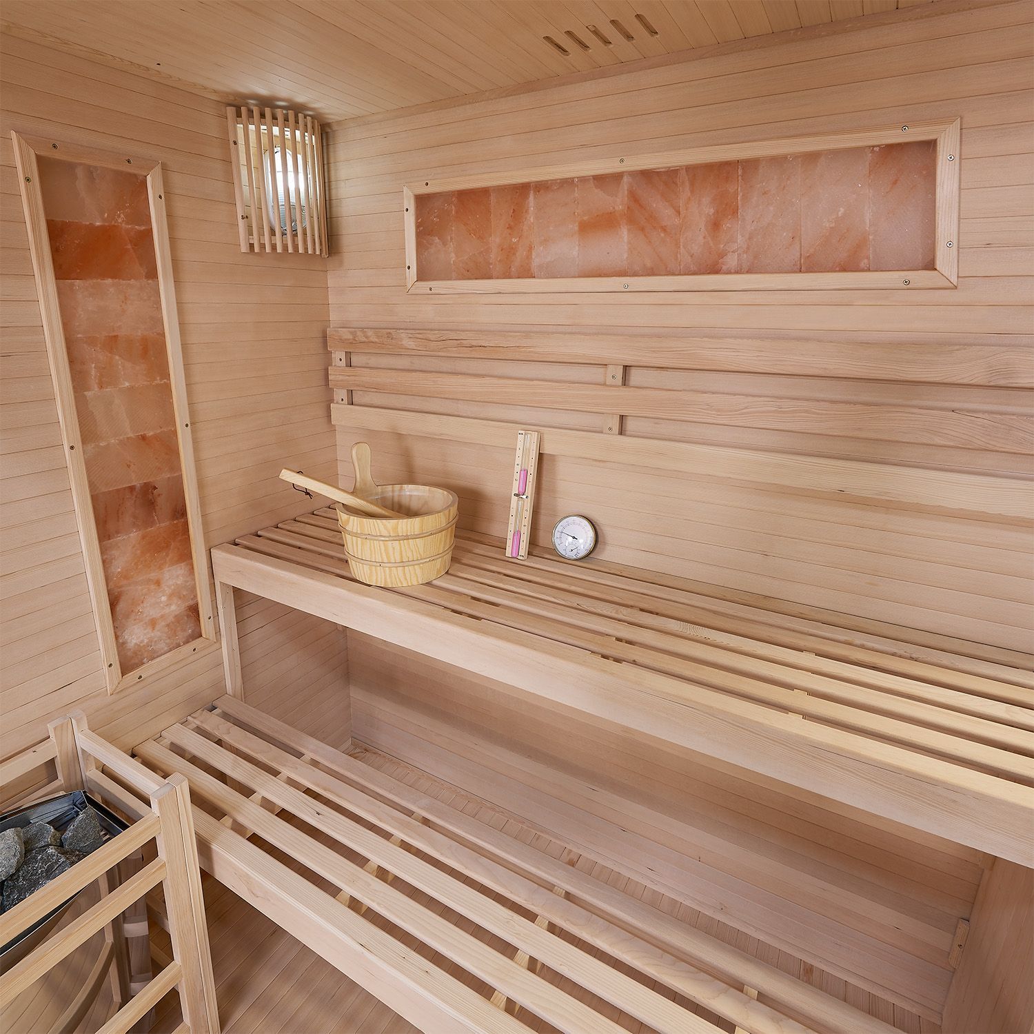 Vorbestellung: Artsauna Saunakabine Vantaa 175 mit Salzstein - Indoor Sauna für 4 Personen, 8 kW Ofen, Glasfront