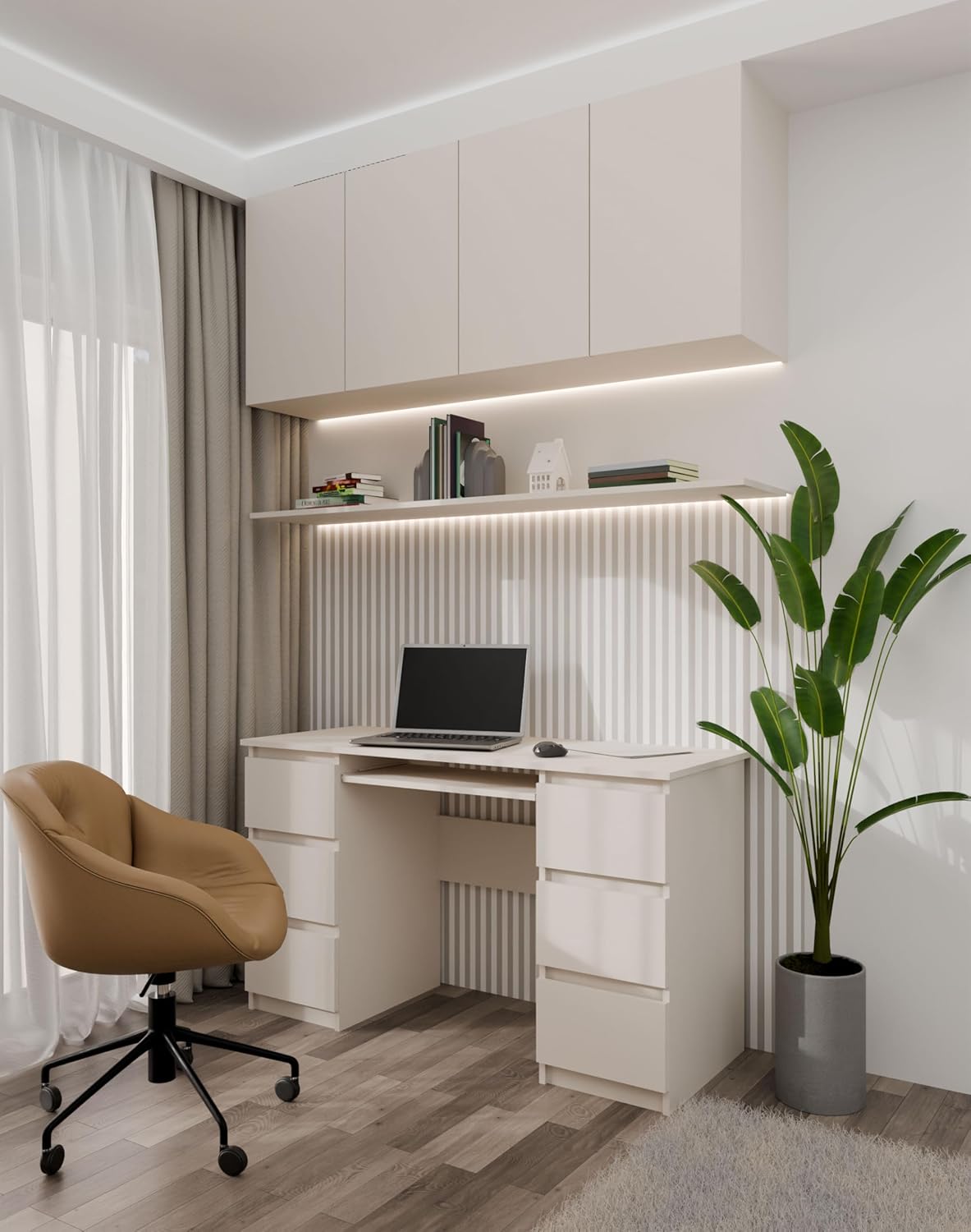 CDF Schreibtisch Computertisch Arbeitstisch für Home Office Jugendzimmer Bürotisch mit 6 Schubladen und Tastaturauszug Modernes Design Stabil 130 x 51 x 76 cm - Kaschmir (beige)