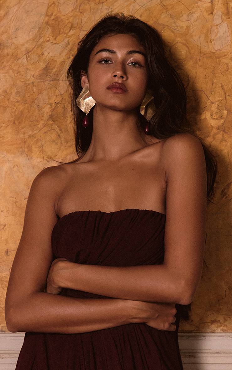 Rouge Mûrier Robe Longue Bandeau Drapée En Maille Crème PLT Label