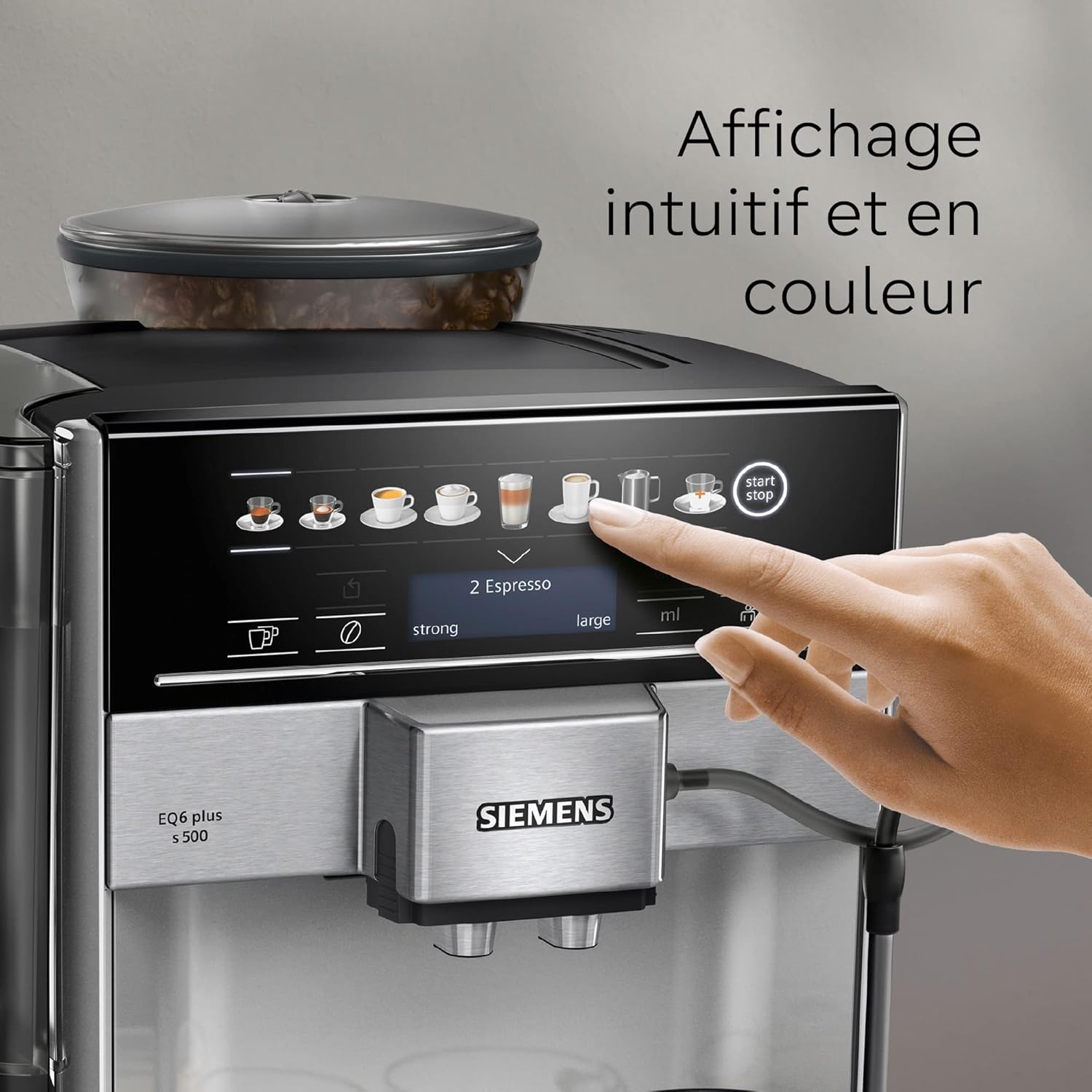 SIEMENS, machine à café tout automatique, EQ6 plus s500, aromaDouble Shot, système autoMilk Clean, Broyeur céramique, affichage coffeeSelect, gris/noir - Inox TE655203RW