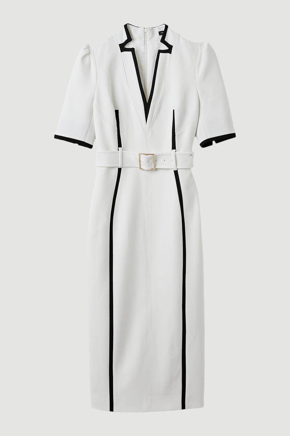 KarenMillen Robe Midi Forever Ajustée Ceinturée en Tissu Stretch Compact aux Détails Contrastés