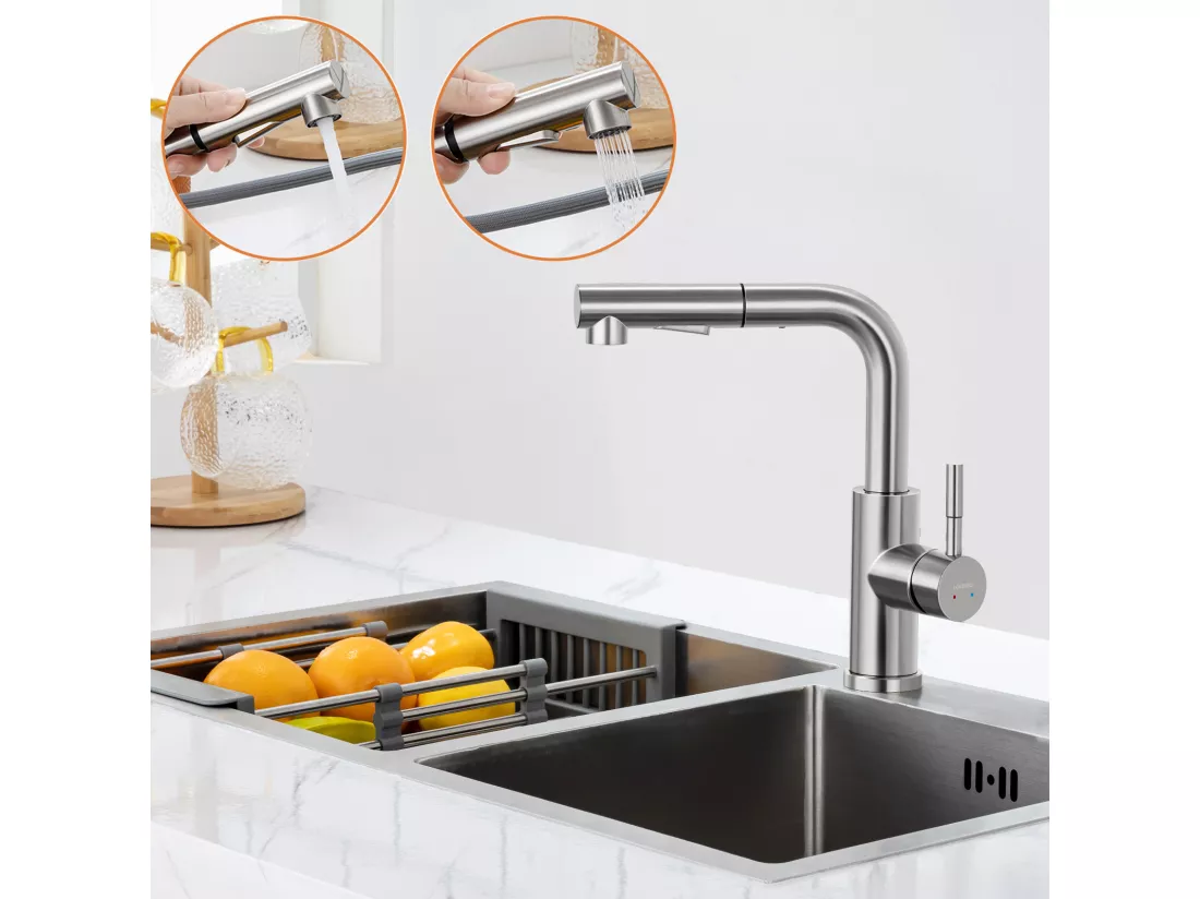 Robinet de Cuisine 7-forme avec 2 Fonctions Douchette Extractible Mitigeur Cuisine en Acier Inox Rotatif à 360° avec Barboteur démotable,Brossé