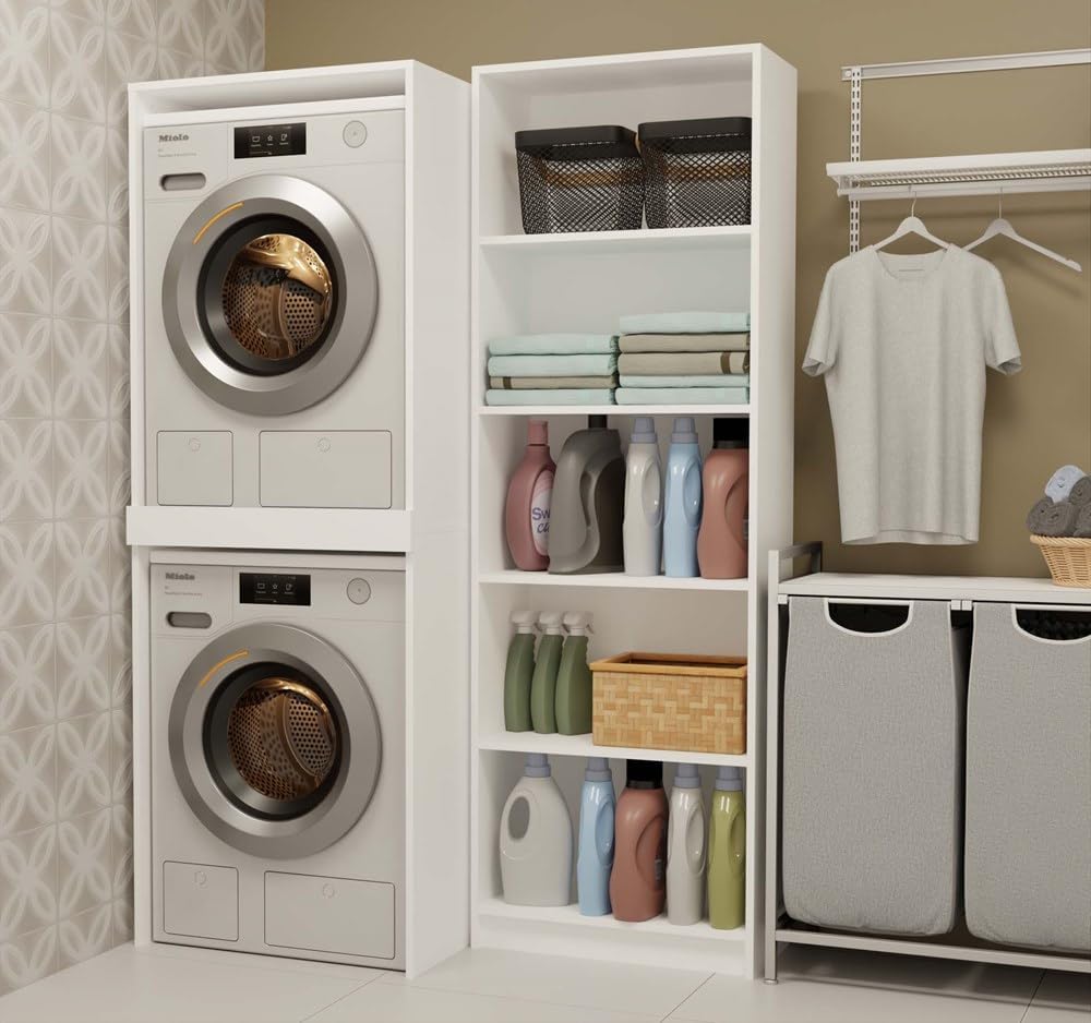 CDF Badezimmerschrank Hochschrank für Waschmaschine und Trockner – Regal für Bad oder Waschküche – Funktionales Aufbewahrungsmöbel – Platzsparend mit verstärktem Einlegeboden – Pola Weiß