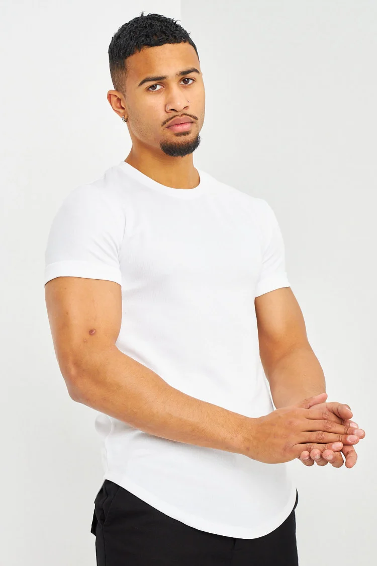 T-shirt côtelé blanc manches courtes à revers