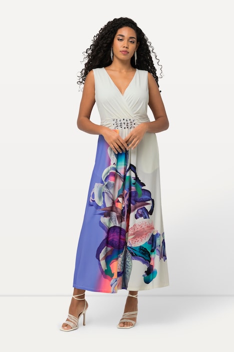 Maxikleid, Wickeloptik, A-Linie, V-Ausschnitt, ärmellos