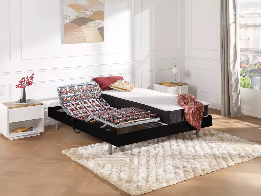 Lit électrique de relaxation tout plots + matelas ressorts ensachés et mémoire forme - 2 x 90 x 200 cm - Noir - PHANES de YSMÉE