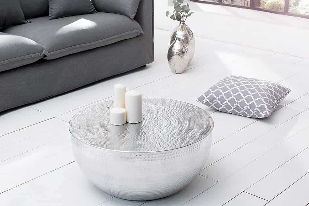 Runder Couchtisch ORIENT II 60cm silber Metall Aluminium Hammerschlag Design handmade