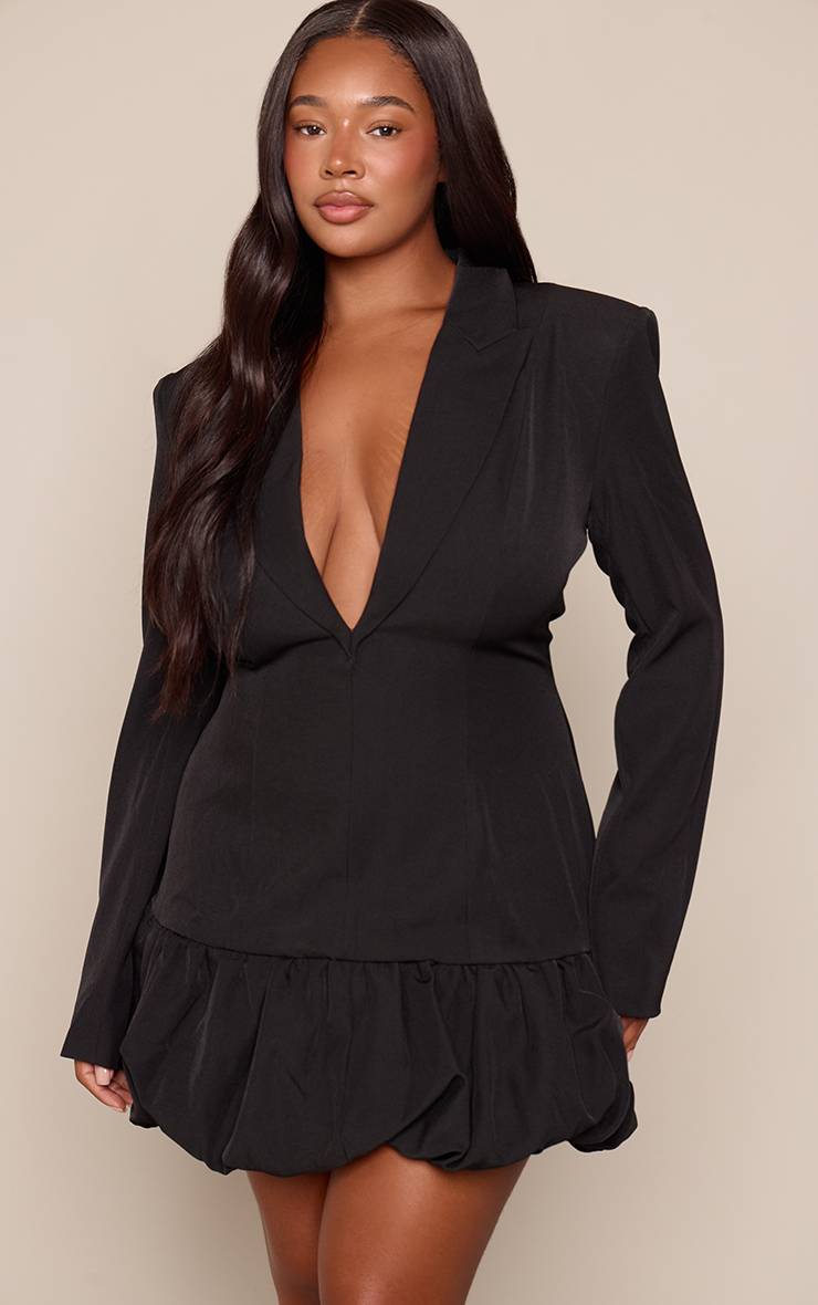 Noir Robe Blazer Grande Taille À Décolleté Plongeant Et Ourlet Bouffant