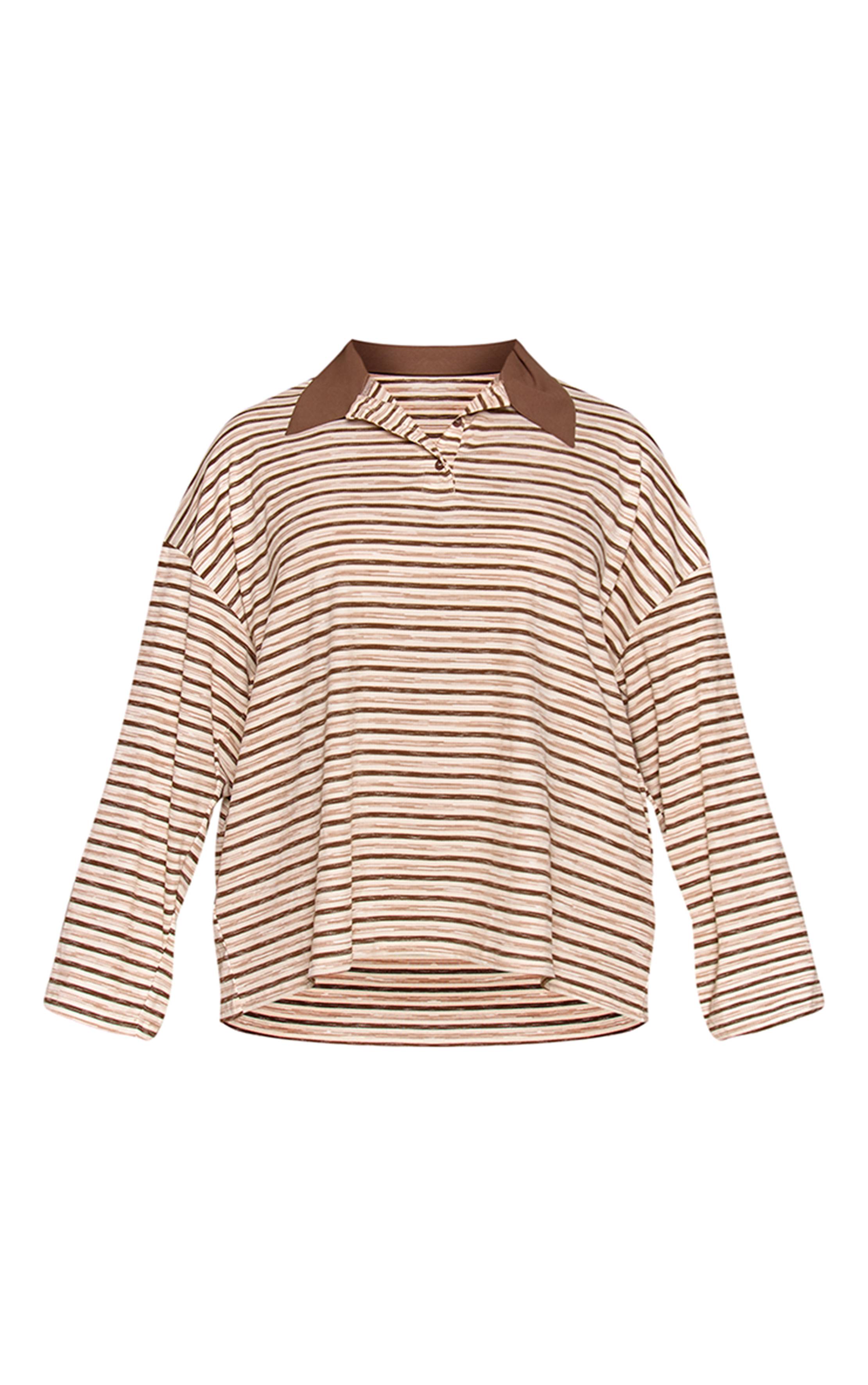 Light Brown Haut Grande Taille À Manches Longues Côtelé Doux Avec Détails Rayés Et Col