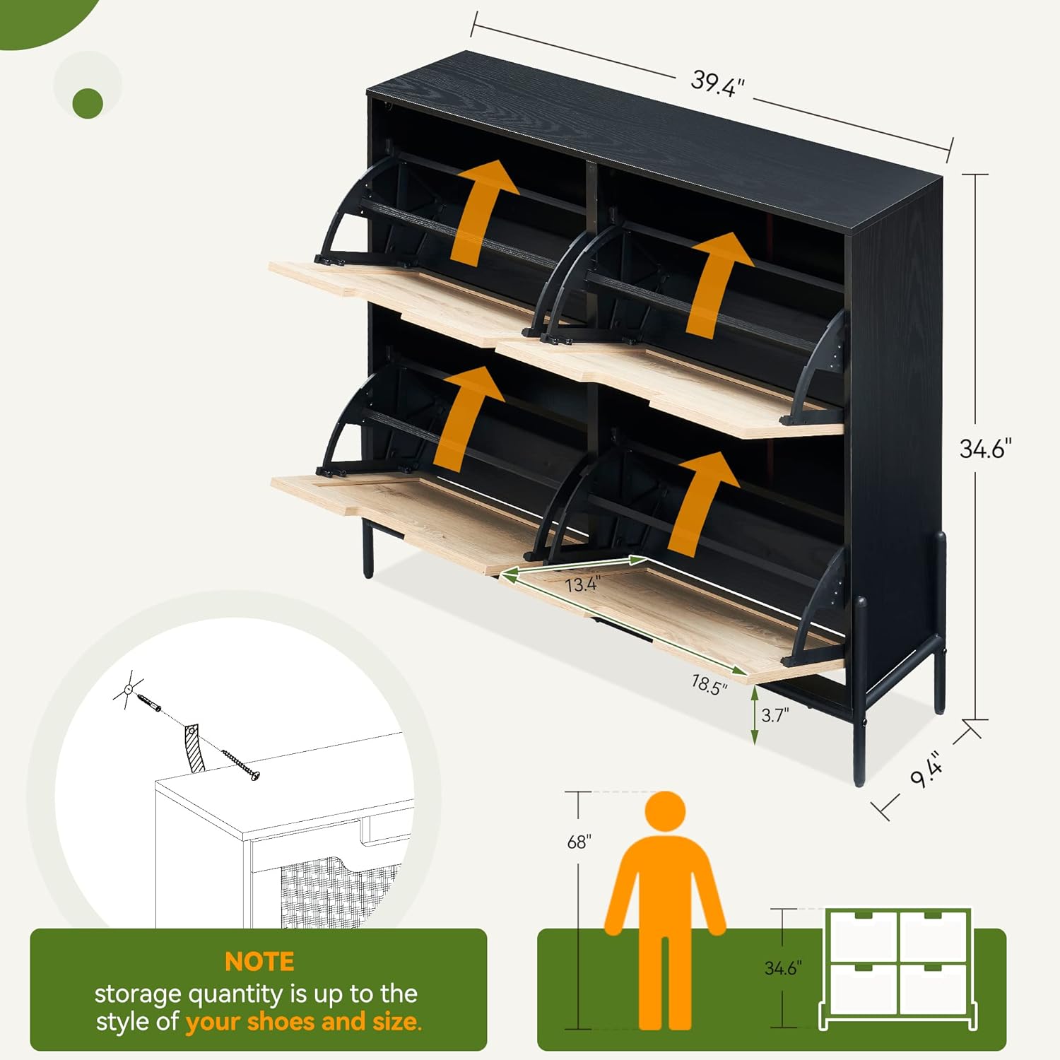 Schuhschrank Mit 4 Klappen, Schuhregal Schuhkipper Schmal, Schuhablage Verstellbar, Schuhkommode für Flur Eingang 100 x 24 x 88 cm