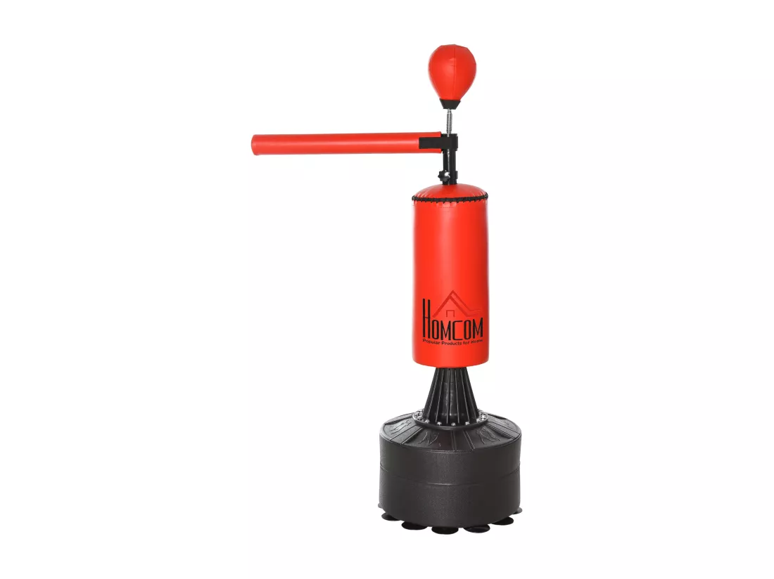 Sac de frappe boxe autoportant punching ball brunier 3 en 1 revêtement synthétique dim. 88L x 48l x 155-205H cm rouge noir