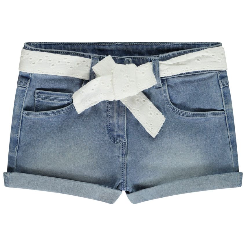 Short en jean avec ceinture en broderie anglaise pour fille - Bleu