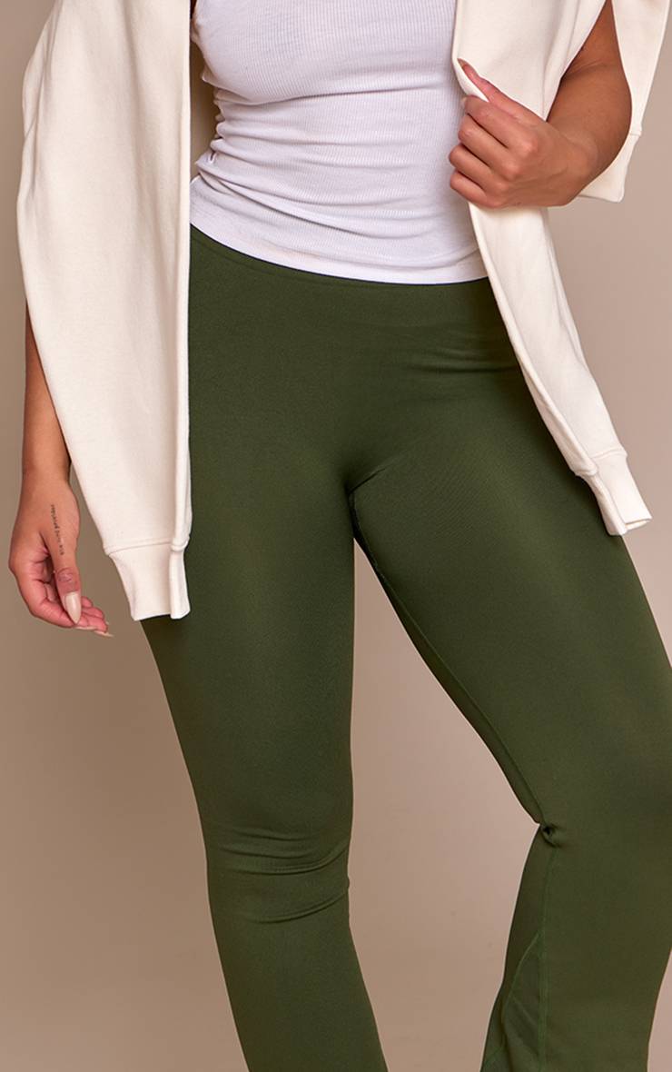 Forest Green Pantalon Évasé Taille Haute Actif Sans Couture À Détails Froncés Sculptant