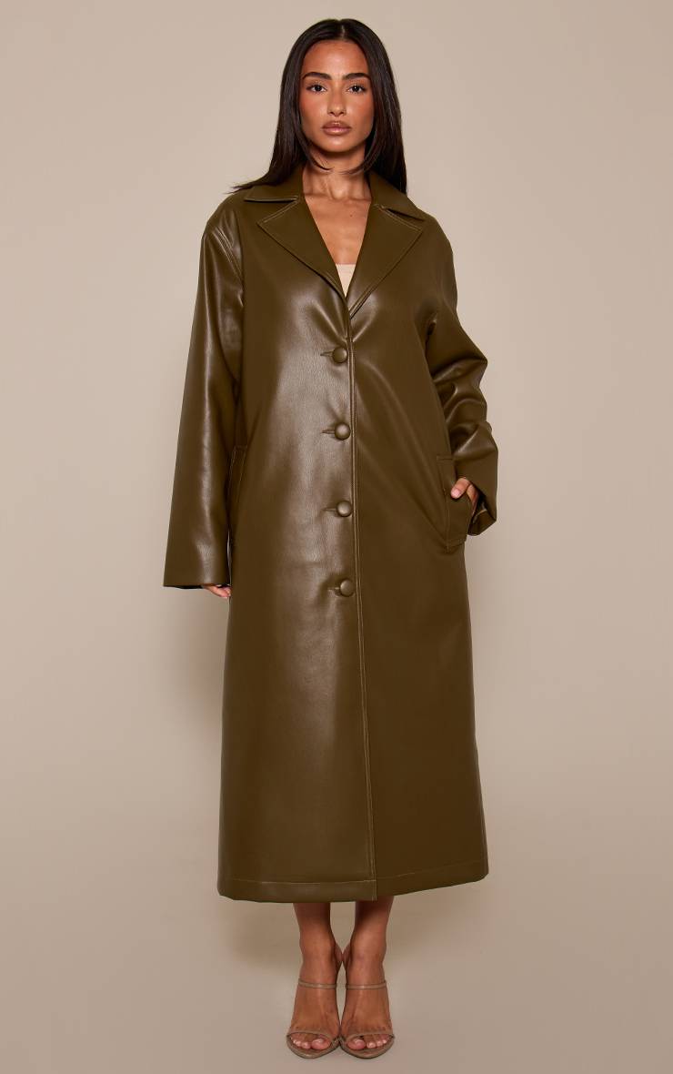 Kaki Manteau Trench Long En Synthétiquecuir Kaki Foncé Petite