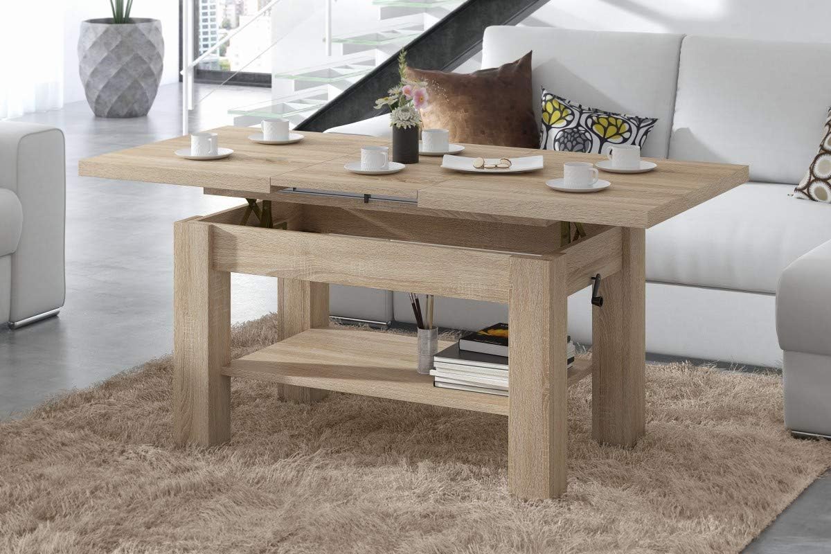 All4All Couchtisch Astra - Kaffeetisch - Wohnzimmertisch – Sofatisch mit Ablage - höhenverstellbar - kompakte Größe - Sofatisch - 110x68cm - 05 - Sonoma Eiche