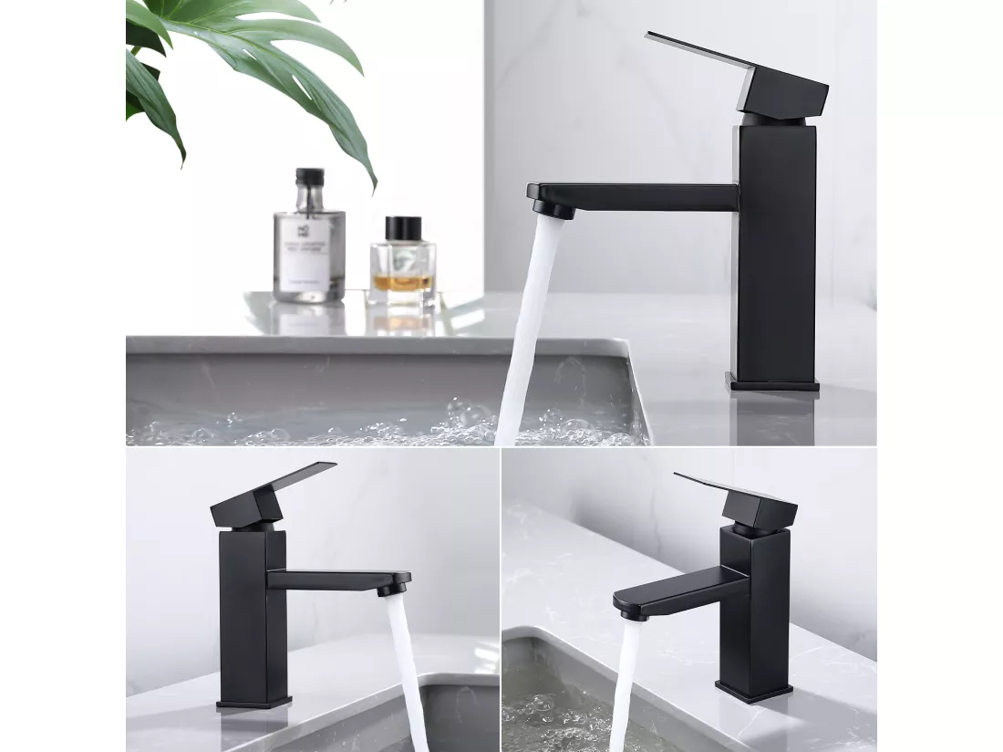 2x Robinet Salle Bain Noir acier inoxidable avec Poignée Carrée Mitigeur lavabo Eau Froide Chaude Disponible Robinetterie Lave Mains Démontable