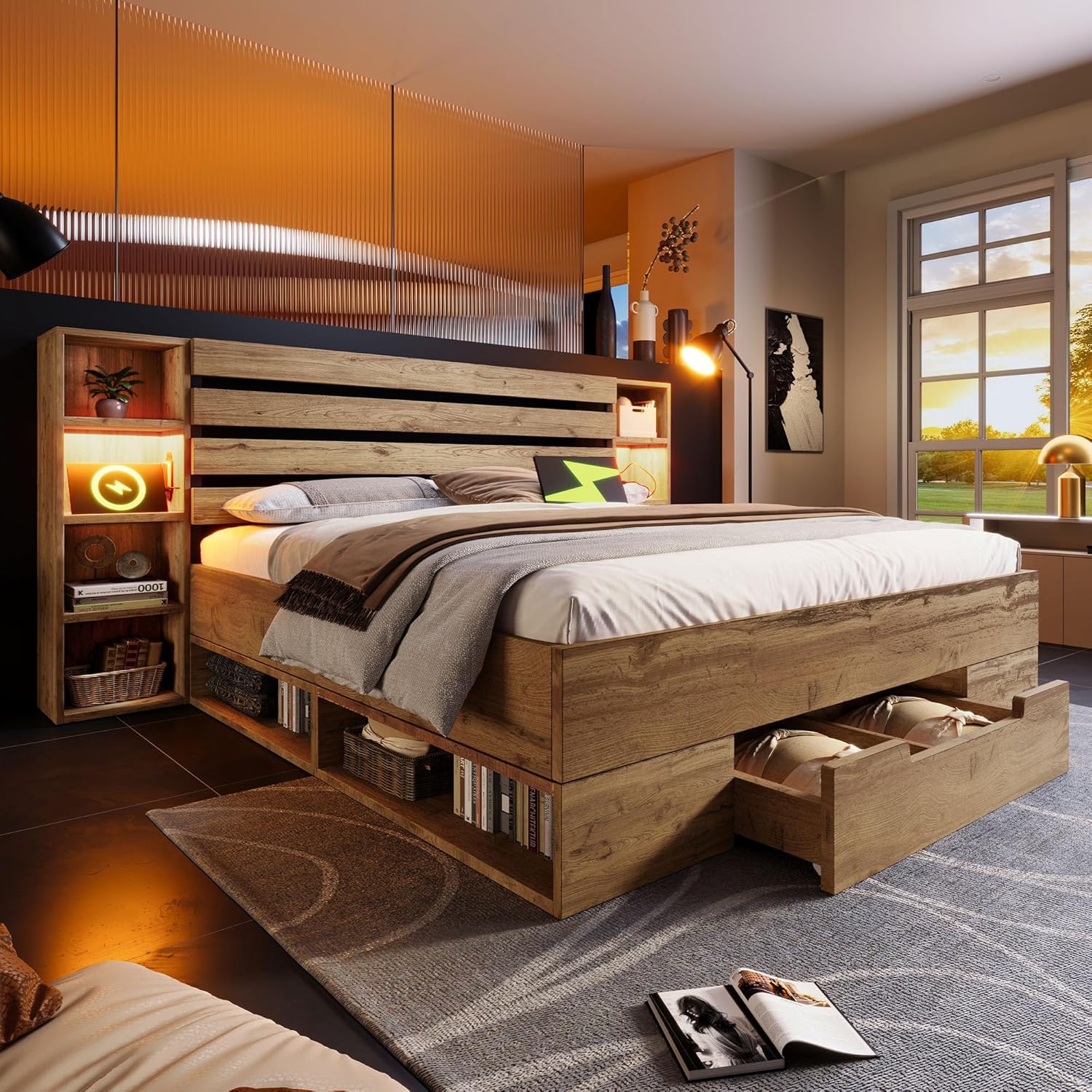 ANIROY Doppelbett Massivholzbett 180x200cm, Stauraumbett Bettanlage mit LED & USB C & Schubladen, Stauraum-Kopfteil Bettgestell aus Holz mit Lattenrost, Eiche B