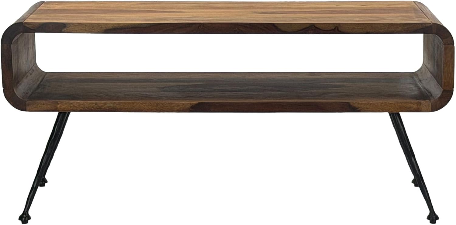 FineBuy Retro Couchtisch Sheesham Massivholz 100cm · Wohnzimmertisch rechteckig mit Ablagefach · Handgefertigter Sofatisch aus Holz mit Metallbeinen im Industrial Design