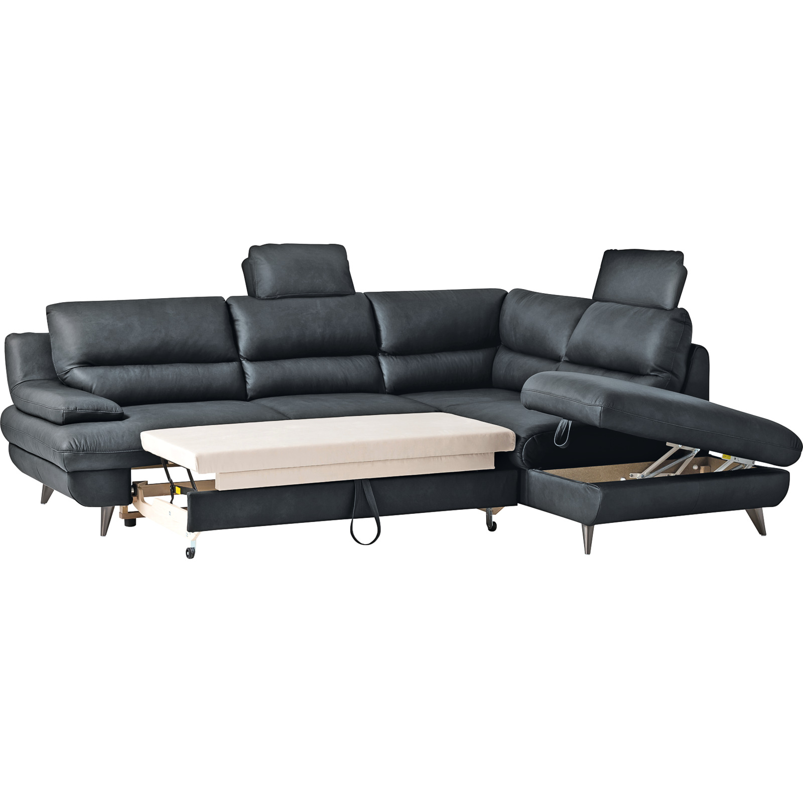 Ecksofa Pike Leder, Ottomane rechts schwarz