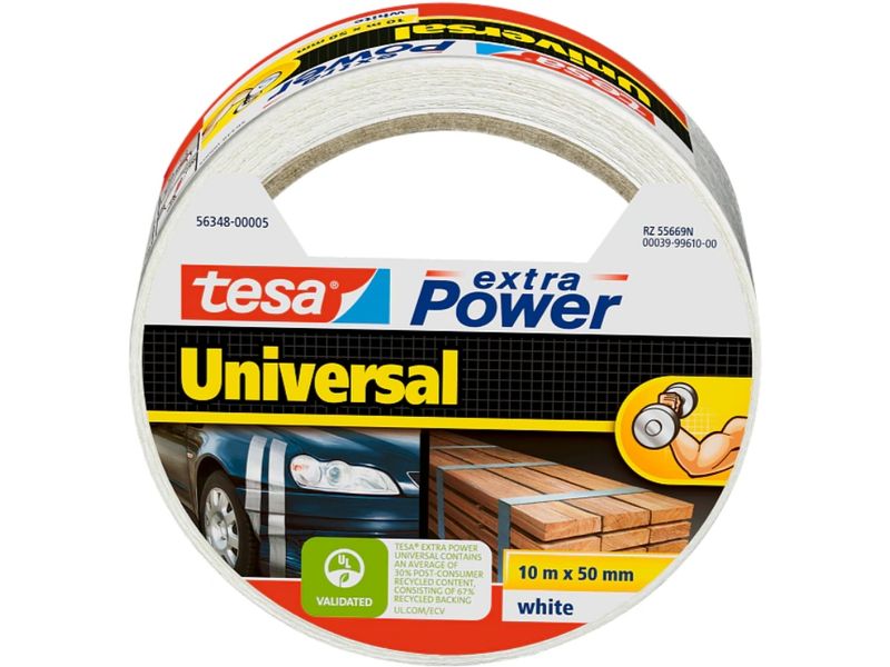 tesa Klebeband extra Power Universal Weiss, 10 m x 50 mm Klebeband mit extra starkem Halt – Duct Tape für Reparaturen, zum Befestigen, Abdichten und mehr