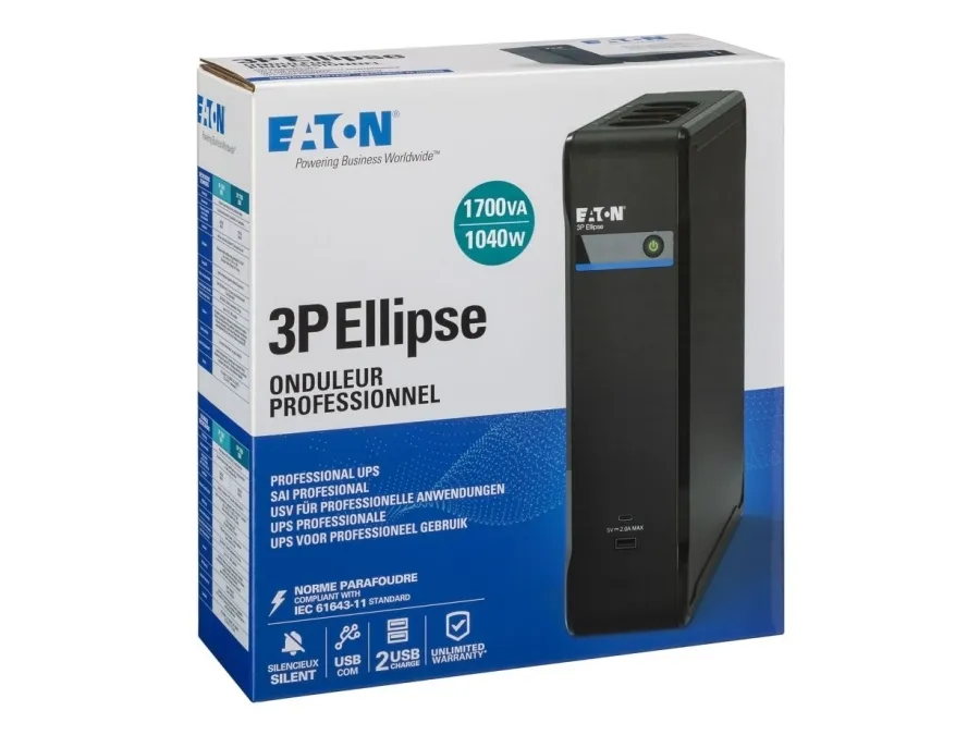 Eaton 3P Ellipse 1700 USB DIN/IT - UPS - AC 220-240 V - 1040 Watt - 1700 VA - USB - output-stikforbindelser: 8