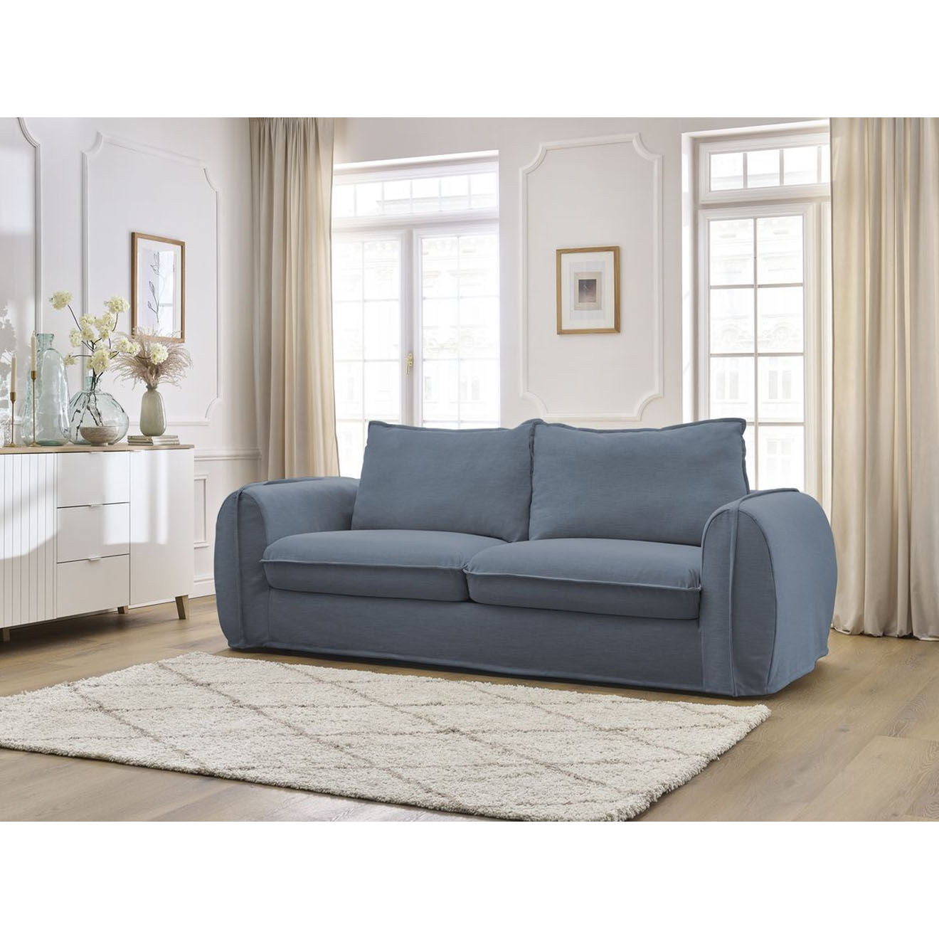 Bobochic Canapé droit convertible express 3 places Archimède 160 bleu foncé - 236x106x93 cm