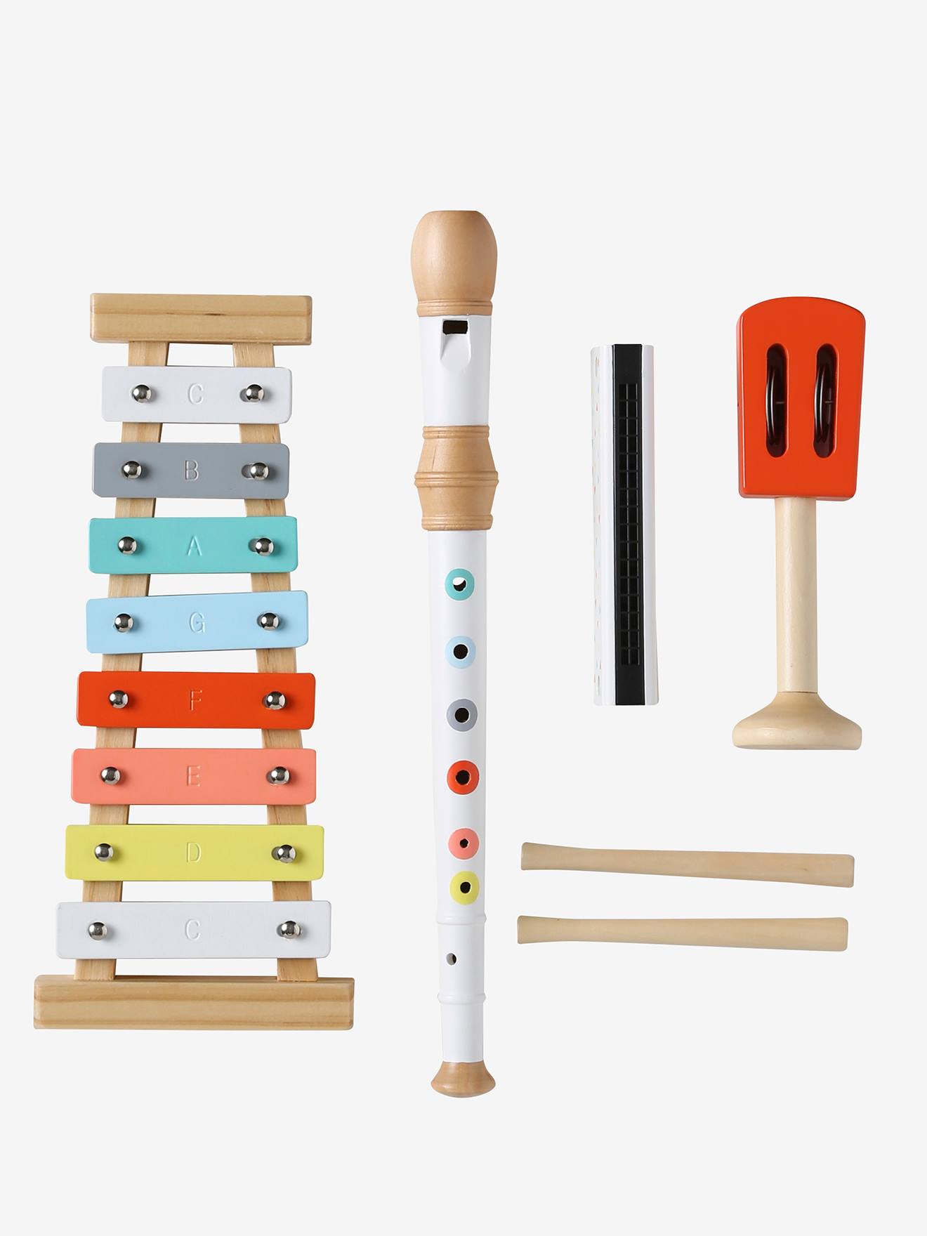 Conjunto de 4 instrumentos musicais de madeira com certificação FSC®, vermelhos.