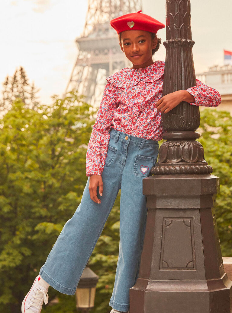 Chemisier rose, rouge et lilas à imprimé fleuri en twill gratté