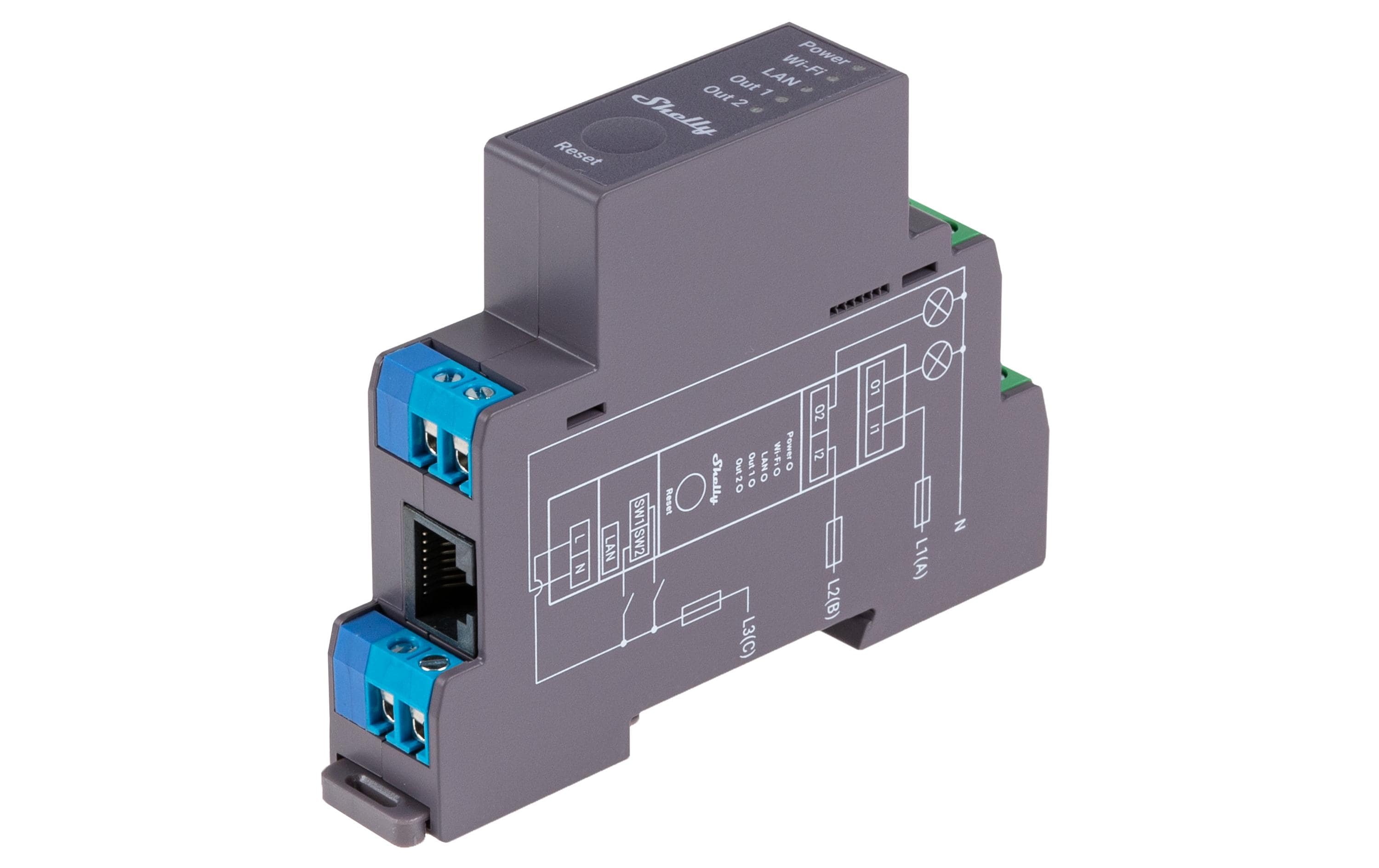 WLAN-Schaltaktor Shelly Pro 2DIN-Rail-WiFi-Switch, IP-Relais mit Shelly Pro AddOn Schnittstelle