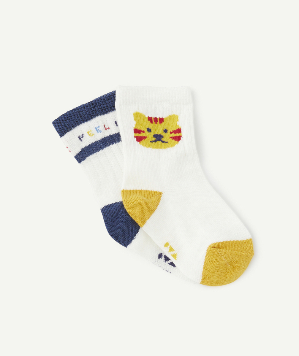 LOT DE 2 CHAUSSETTES HAUTES BÉBÉ GARÇON ÉCRUS MOTIF CHAT