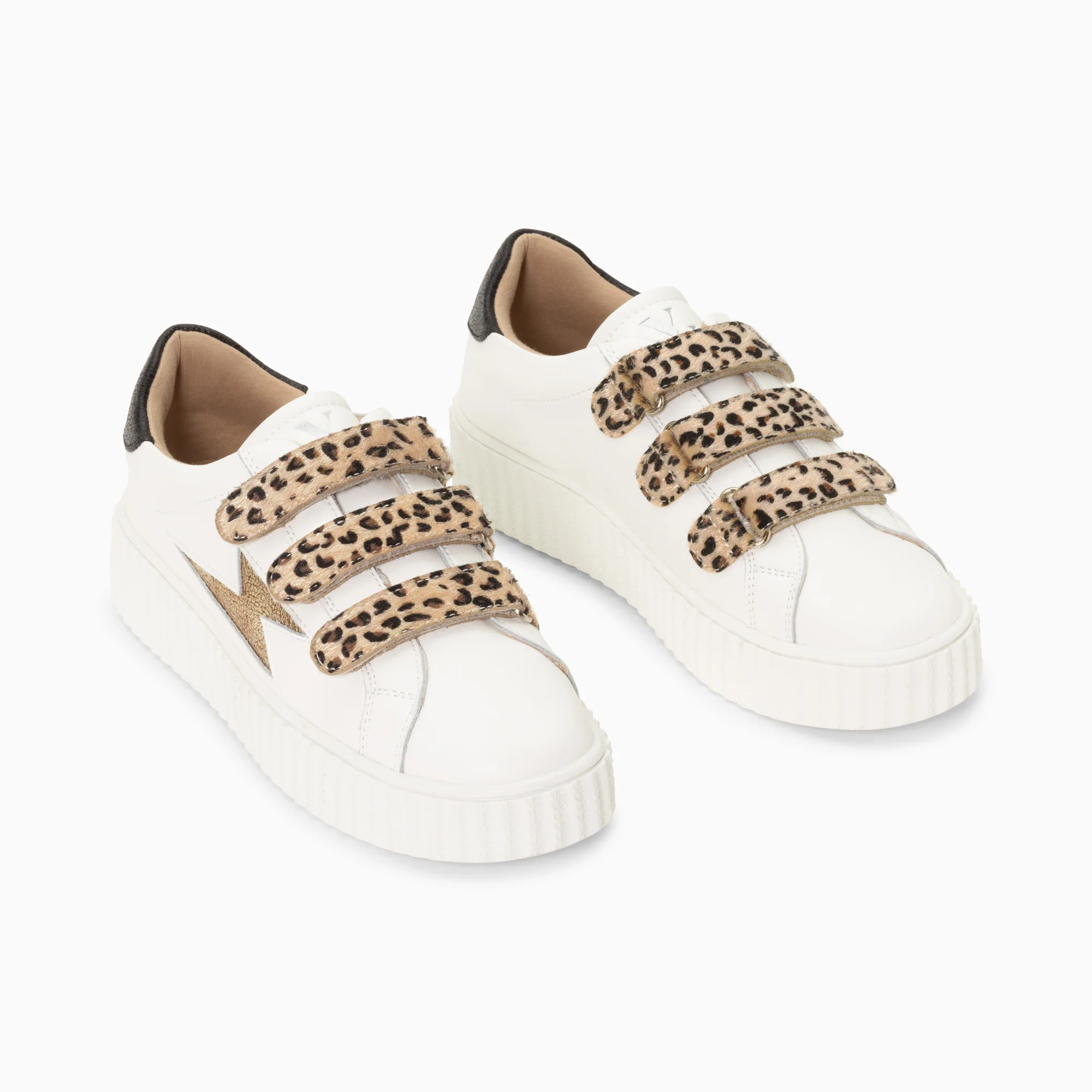 Sneakers-Baskets éclair Maggie-Jane blanc et or en cuir à scratchs léopard