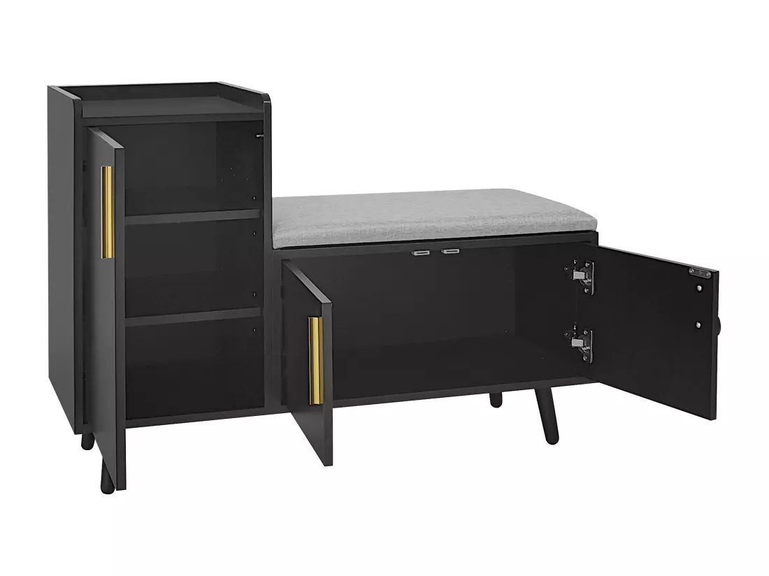 Banc à chaussures moderne avec 3 portes et coussin - pièds et poignées en métal - coloris noir - 100 x 34 x 69 cm