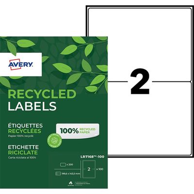 Avery - 200 Étiquettes adresse recyclées blanches - 143,5 x 199,6 mm - Impression laser - réf LR7168-100