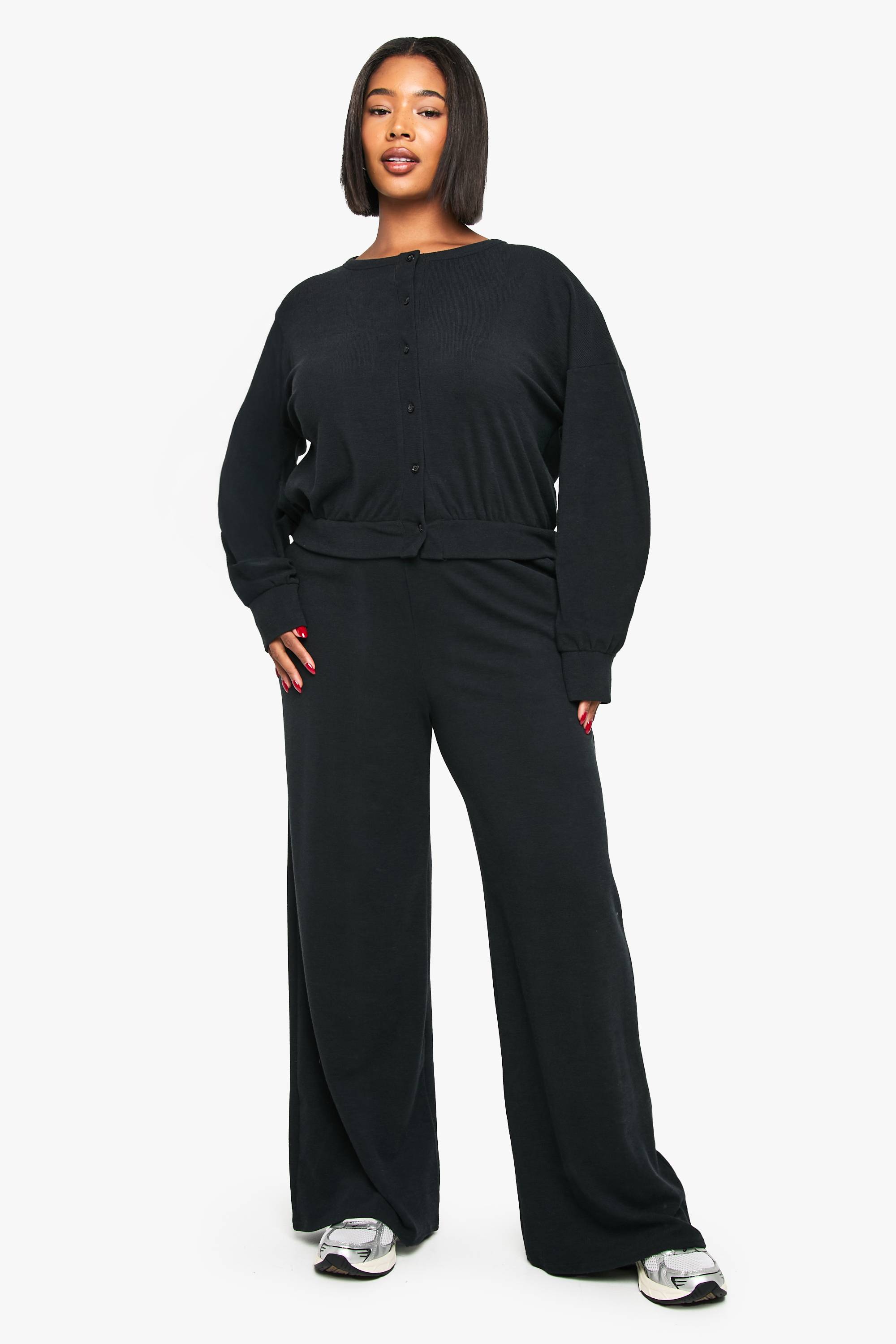 boohoo Plus cardigan boutonné côtelé et pantalon à jambes larges